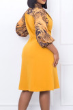 Red Casual Print Patchwork Buckle Turn-back Collar A Line Dresses