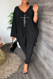 Purple Fashion Print Patchwork V Neck Long Sleeve Two Pieces