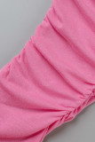 Pink Fashion Casual Solid Fold Regular High Waist Trousers