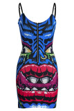 Multicolor Fashion Sexy Print Patchwork Backless Spaghetti Strap Sleeveless Dress