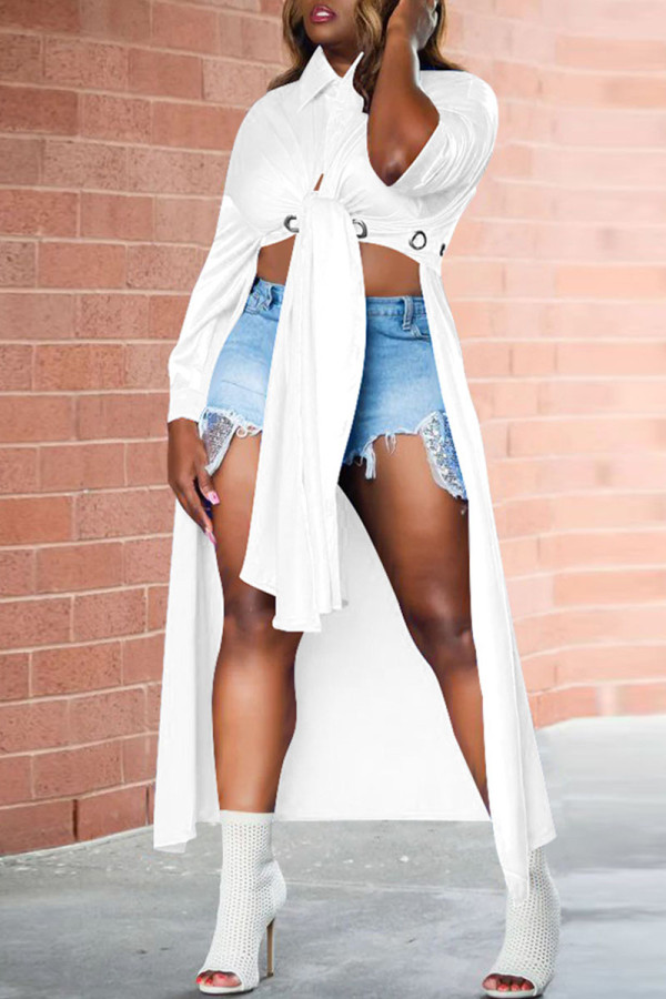White Sexy Solid Patchwork Buckle Slit Turndown Collar Tops