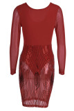 Red Sexy Solid Embroidered Sequins Patchwork U Neck Dresses
