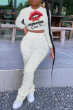 Pink Fashion Lips Printed Patchwork O Neck Long Sleeve Two Pieces