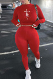 Pink Casual Sportswear Print Embroidered Patchwork O Neck Long Sleeve Two Pieces