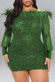 Red Sexy Solid Sequins Patchwork Feathers Off the Shoulder Pencil Skirt Dresses