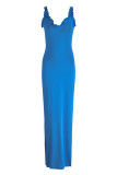 Blue Sexy Casual Solid Backless Slit Spaghetti Strap Long Dress