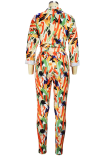 Orange Fashion Print Patchwork Turndown Collar Long Sleeve Two Pieces