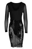 Black Sexy Solid Embroidered Sequins Patchwork U Neck Dresses