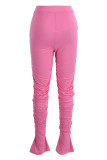 Pink Fashion Casual Solid Fold Regular High Waist Trousers