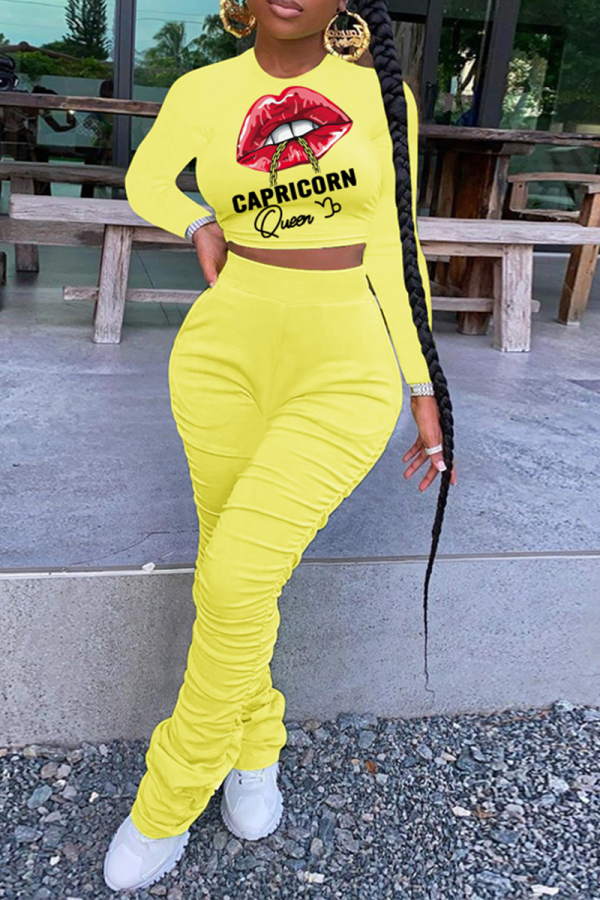 Yellow Fashion Lips Printed Patchwork O Neck Long Sleeve Two Pieces