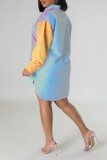 Yellow Casual Striped Print Patchwork Buckle Turndown Collar Shirt Dress Dresses