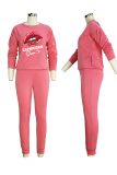 Red Bean Powder Fashion Lips Printed Patchwork O Neck Long Sleeve Two Pieces