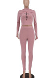 Pink Casual Sportswear Print Embroidered Patchwork O Neck Long Sleeve Two Pieces