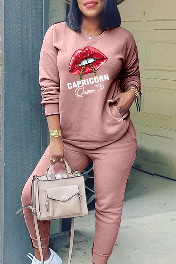Red Bean Powder Fashion Lips Printed Patchwork O Neck Long Sleeve Two Pieces