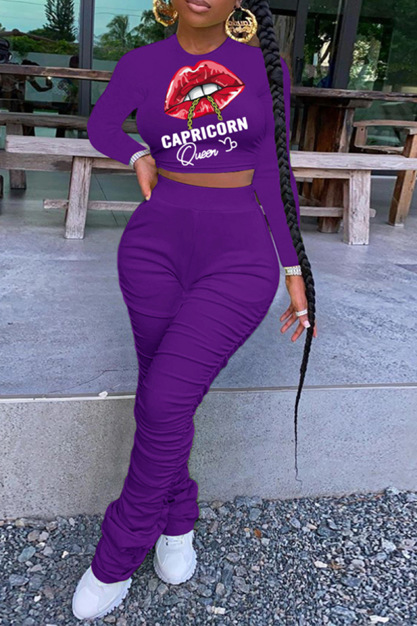 Purple Fashion Lips Printed Patchwork O Neck Long Sleeve Two Pieces