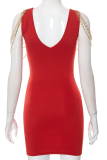 Red Sexy Solid Chains O Neck Pencil Skirt Dresses