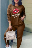 Red Bean Powder Fashion Lips Printed Patchwork O Neck Long Sleeve Two Pieces