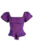 Purple Elegant Solid Patchwork Asymmetrical Square Collar Tops