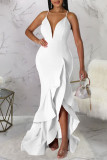 Colorful Blue Sexy Solid Patchwork Flounce Spaghetti Strap Evening Dress Dresses