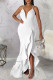 White Sexy Solid Patchwork Flounce Spaghetti Strap Evening Dress Dresses