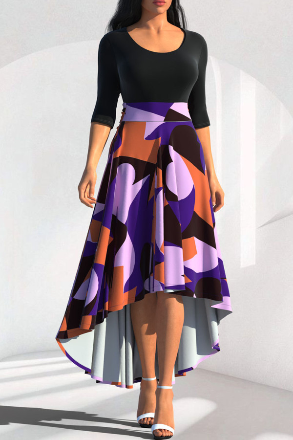 Purple Orange Casual Elegant Print Patchwork Asymmetrical O Neck A Line Dresses