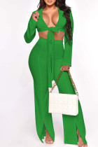 Green Sexy Solid Bandage Patchwork V Neck Long Sleeve Two Pieces