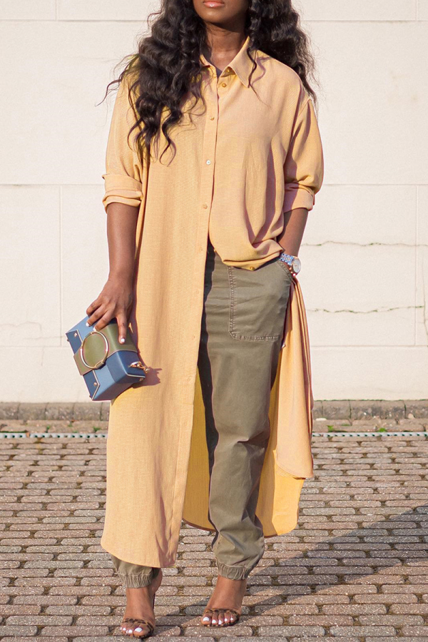 Khaki Casual Solid Patchwork Turndown Collar Outerwear
