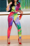 Colour Sexy Patchwork Tie-dye Turndown Collar Long Sleeve Two Pieces