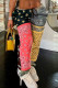 Pink Yellow Casual Print Patchwork High Waist Straight Patchwork Bottoms