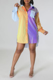 Yellow Casual Striped Print Patchwork Buckle Turndown Collar Shirt Dress Dresses