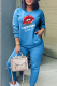 Blue Fashion Lips Printed Patchwork O Neck Long Sleeve Two Pieces