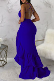 Colorful Blue Sexy Solid Patchwork Flounce Spaghetti Strap Evening Dress Dresses