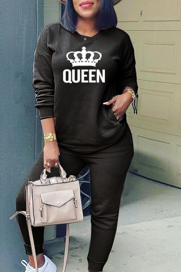 Black Fashion Print Patchwork O Neck Long Sleeve Two Pieces