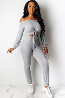 Grey venetian Casual Two Piece Suits Solid Straight Long Sleeve Two-piece Pants Set