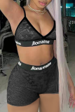 Black Sexy Print Mesh Spaghetti Strap Sleeveless Two Pieces