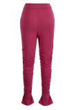Pink Fashion Casual Solid Fold Regular High Waist Trousers