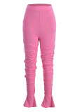 Pink Fashion Casual Solid Fold Regular High Waist Trousers