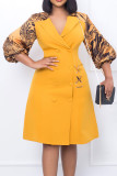 Red Casual Print Patchwork Buckle Turn-back Collar A Line Dresses