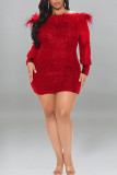 Red Sexy Solid Sequins Patchwork Feathers Off the Shoulder Pencil Skirt Dresses