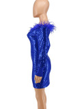 Red Sexy Solid Sequins Patchwork Feathers Off the Shoulder Pencil Skirt Dresses