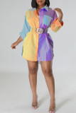 Yellow Casual Striped Print Patchwork Buckle Turndown Collar Shirt Dress Dresses