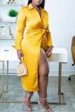 Purple Sexy Solid Patchwork Slit Turndown Collar Straight Dresses