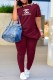 Burgundy Fashion Casual Print Letter Oblique Collar Short Sleeve Two Pieces