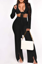 Black Sexy Solid Bandage Patchwork V Neck Long Sleeve Two Pieces