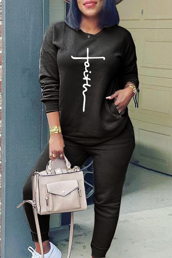 Black Casual Print Patchwork O Neck Long Sleeve Two Pieces