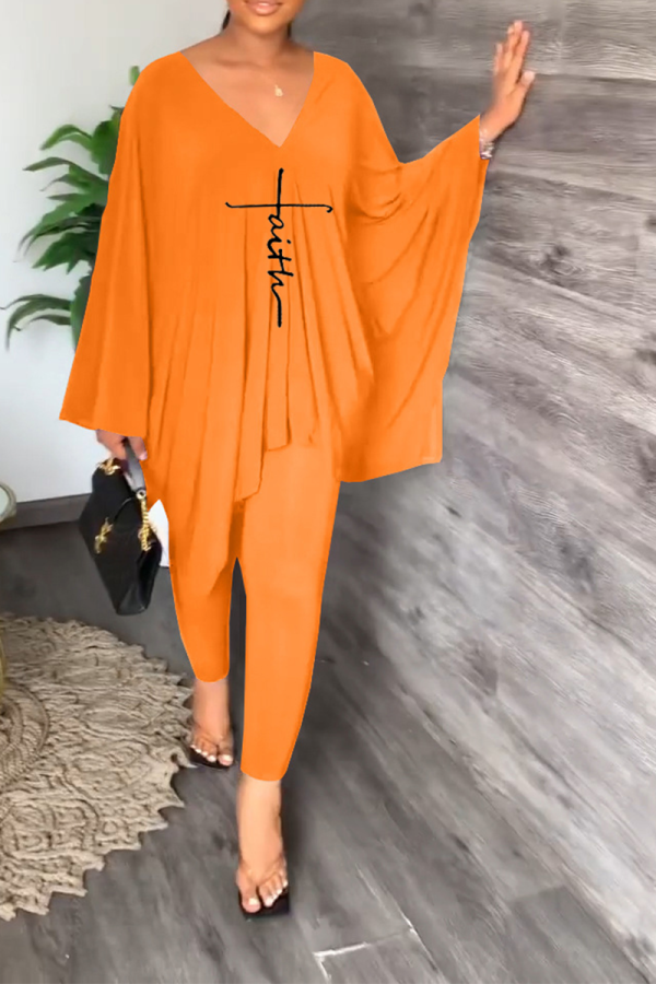 Orange Fashion Print Patchwork V Neck Long Sleeve Two Pieces