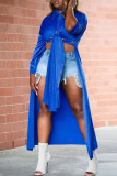 Blue Sexy Solid Patchwork Buckle Slit Turndown Collar Tops