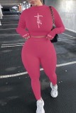 Pink Casual Sportswear Print Embroidered Patchwork O Neck Long Sleeve Two Pieces