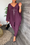 Purple Fashion Print Patchwork V Neck Long Sleeve Two Pieces