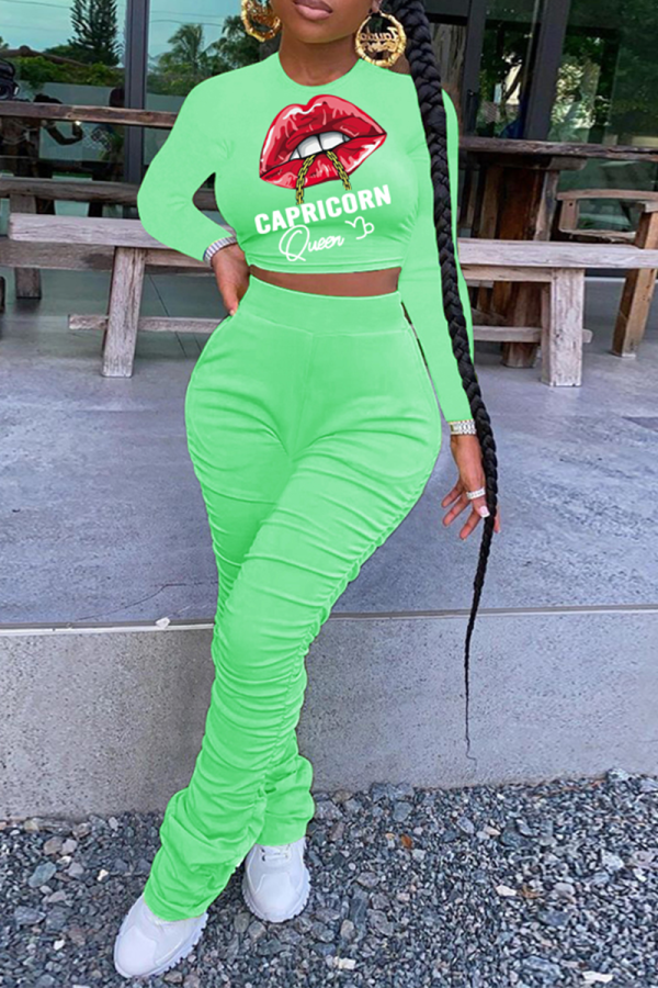 Green Fashion Lips Printed Patchwork O Neck Long Sleeve Two Pieces